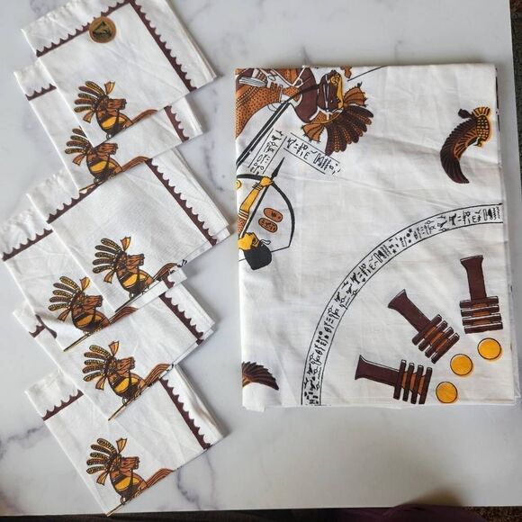 Vintage New Egyptian table cloth round 6 napkins cotton pharaoh chariot Egypt - Picture 2 of 8